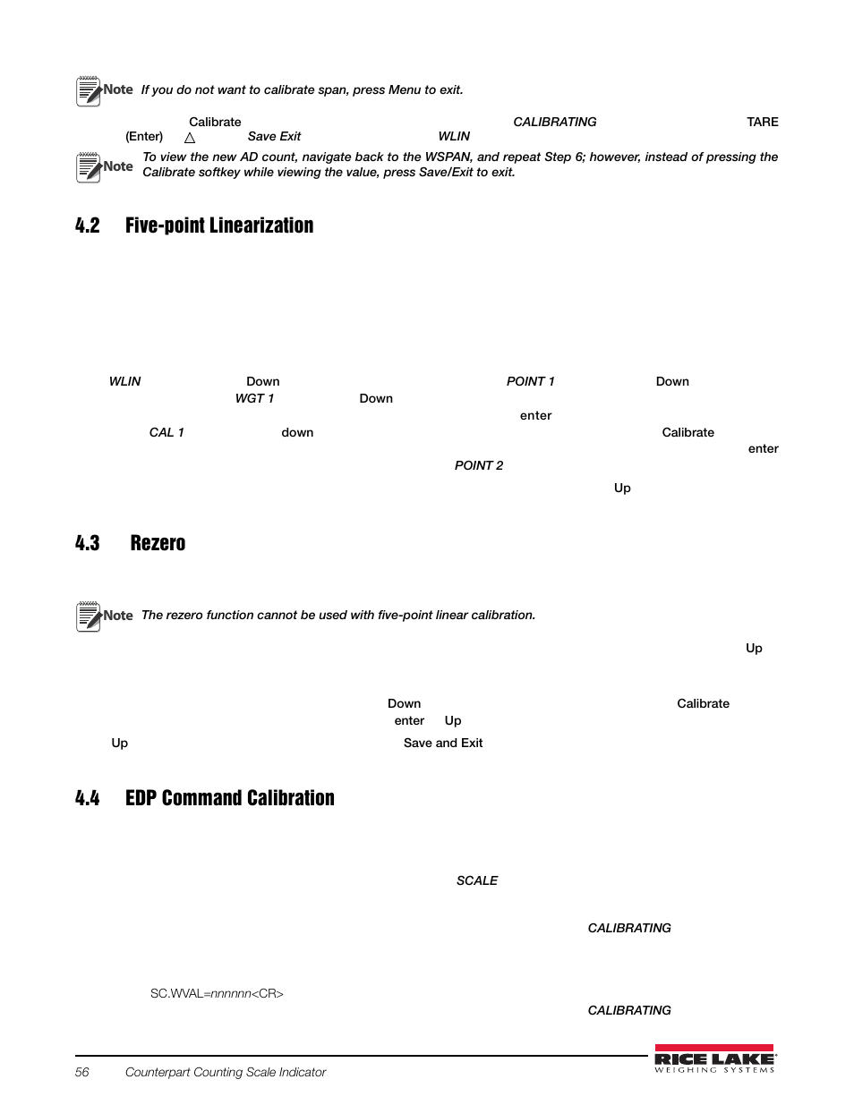 2 five-point linearization, 3 rezero, 4 edp command calibration | Rice Lake Counterpart Configurable Counting Indicator - Installation and Operation Manual V2.3 - Rev C User Manual | Page 62 / 112