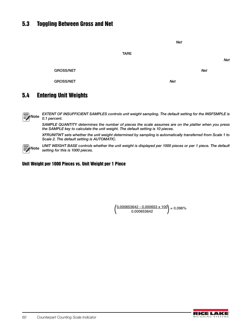 3 toggling between gross and net, 4 entering unit weights, Digital tare, tare weight known | Rice Lake Counterpart Configurable Counting Indicator - Installation and Operation Manual V2.3 - Rev C User Manual | Page 66 / 112