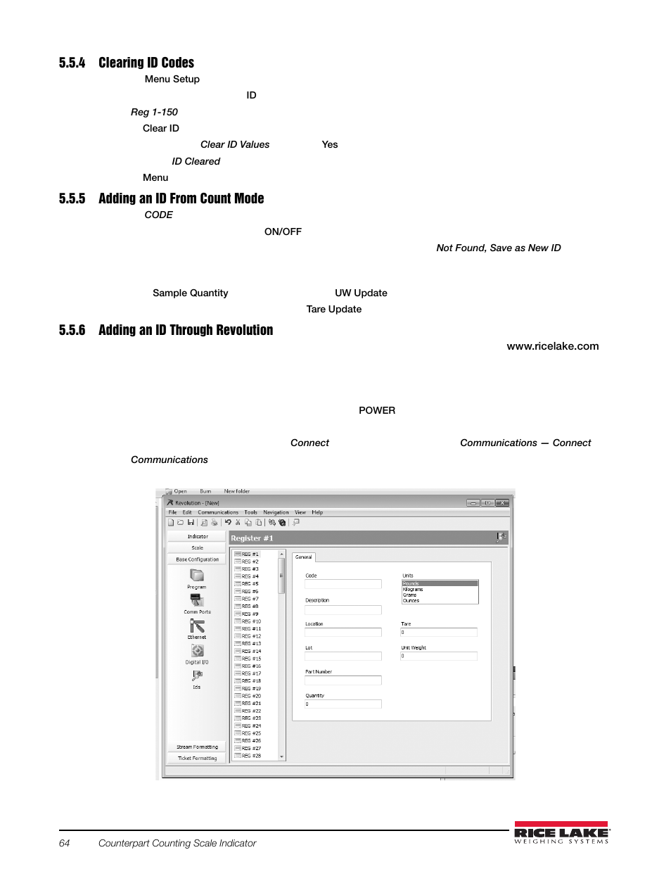 4 clearing id codes, 5 adding an id from count mode, 6 adding an id through revolution | Using id/codes that are not stored, Clearing id codes, Adding an id from count mode | Rice Lake Counterpart Configurable Counting Indicator - Installation and Operation Manual V2.3 - Rev C User Manual | Page 70 / 112