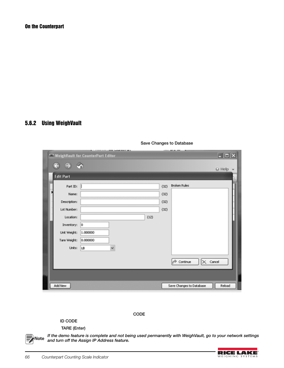 2 using weighvault, Demo setup of counterpart and weighvault | Rice Lake Counterpart Configurable Counting Indicator - Installation and Operation Manual V2.3 - Rev C User Manual | Page 72 / 112