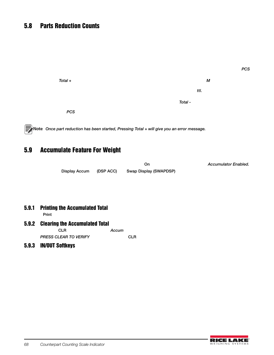 8 parts reduction counts, 9 accumulate feature for weight, 1 printing the accumulated total | 2 clearing the accumulated total, 3 in/out softkeys, Printing the accumulated total, Clearing the accumulated total | Rice Lake Counterpart Configurable Counting Indicator - Installation and Operation Manual V2.3 - Rev C User Manual | Page 74 / 112