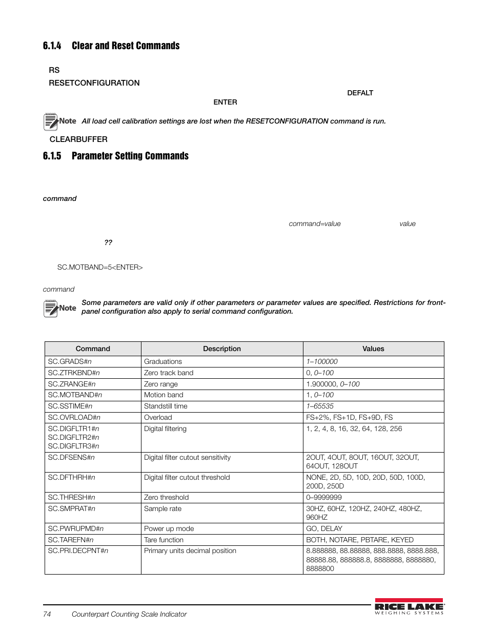 4 clear and reset commands, 5 parameter setting commands, Reporting commands | Clear and reset commands | Rice Lake Counterpart Configurable Counting Indicator - Installation and Operation Manual V2.3 - Rev C User Manual | Page 80 / 112