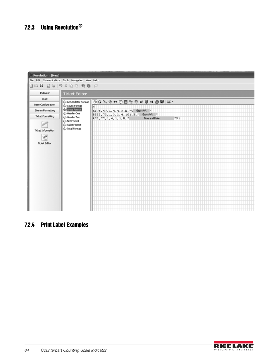 3 using revolution, 4 print label examples, Using revolution | Print label examples | Rice Lake Counterpart Configurable Counting Indicator - Installation and Operation Manual V2.3 - Rev C User Manual | Page 90 / 112