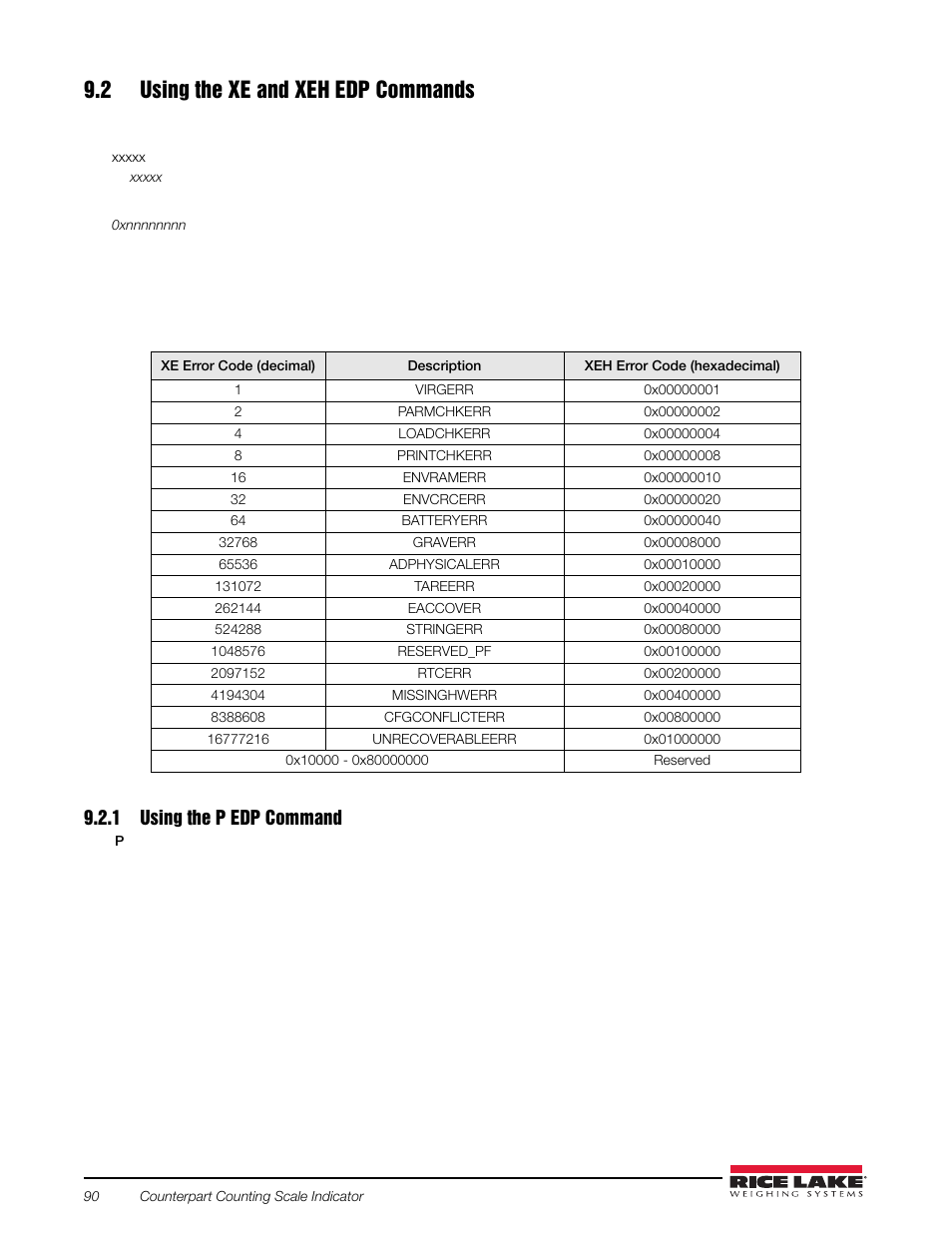 2 using the xe and xeh edp commands, 1 using the p edp command, Using the p edp command | Rice Lake Counterpart Configurable Counting Indicator - Installation and Operation Manual V2.3 - Rev C User Manual | Page 96 / 112