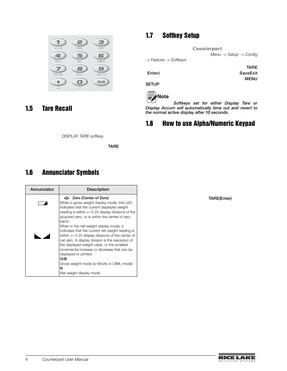 5 tare recall, 6 annunciator symbols, 7 softkey setup | 8 how to use alpha/numeric keypad, 6 annunciator symbols 1.7 softkey setup | Rice Lake Counterpart Configurable Counting Indicator - User Manual - Version 1.0 User Manual | Page 10 / 87