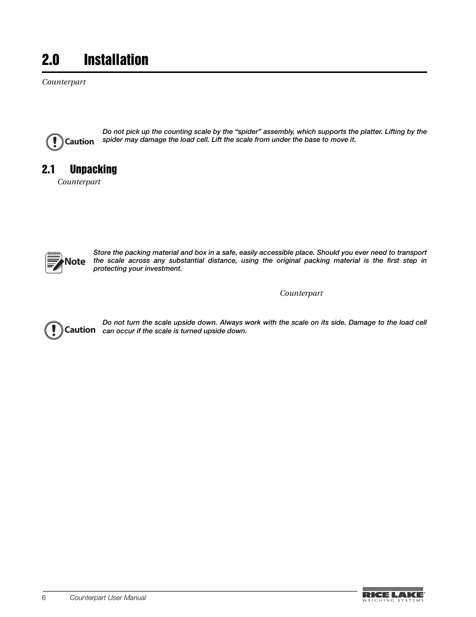 0 installation, 1 unpacking, Installation | Rice Lake Counterpart Configurable Counting Indicator - User Manual - Version 1.0 User Manual | Page 12 / 87