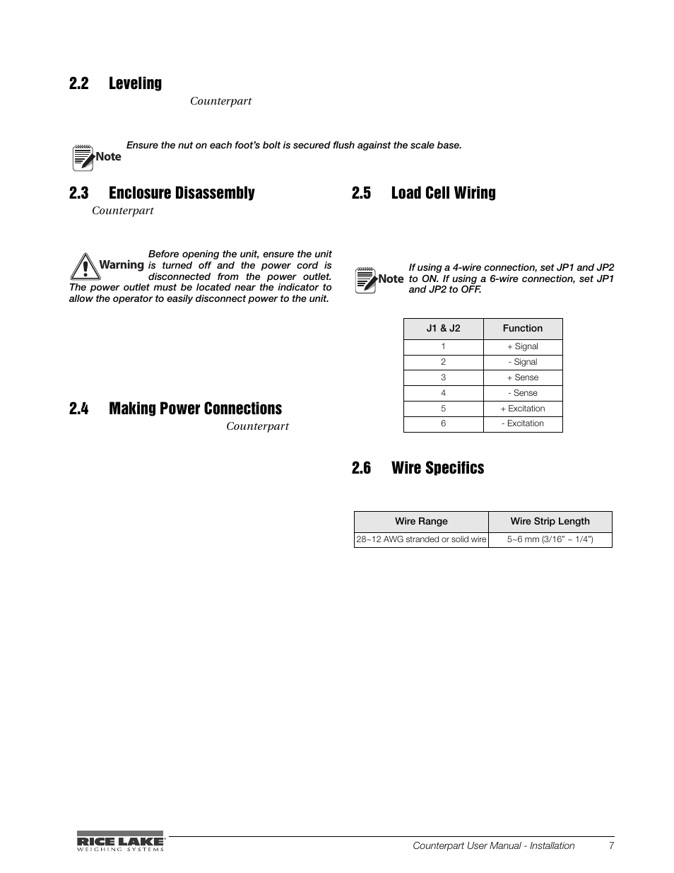 2 leveling, 3 enclosure disassembly, 4 making power connections | 5 load cell wiring, 6 wire specifics | Rice Lake Counterpart Configurable Counting Indicator - User Manual - Version 1.0 User Manual | Page 13 / 87