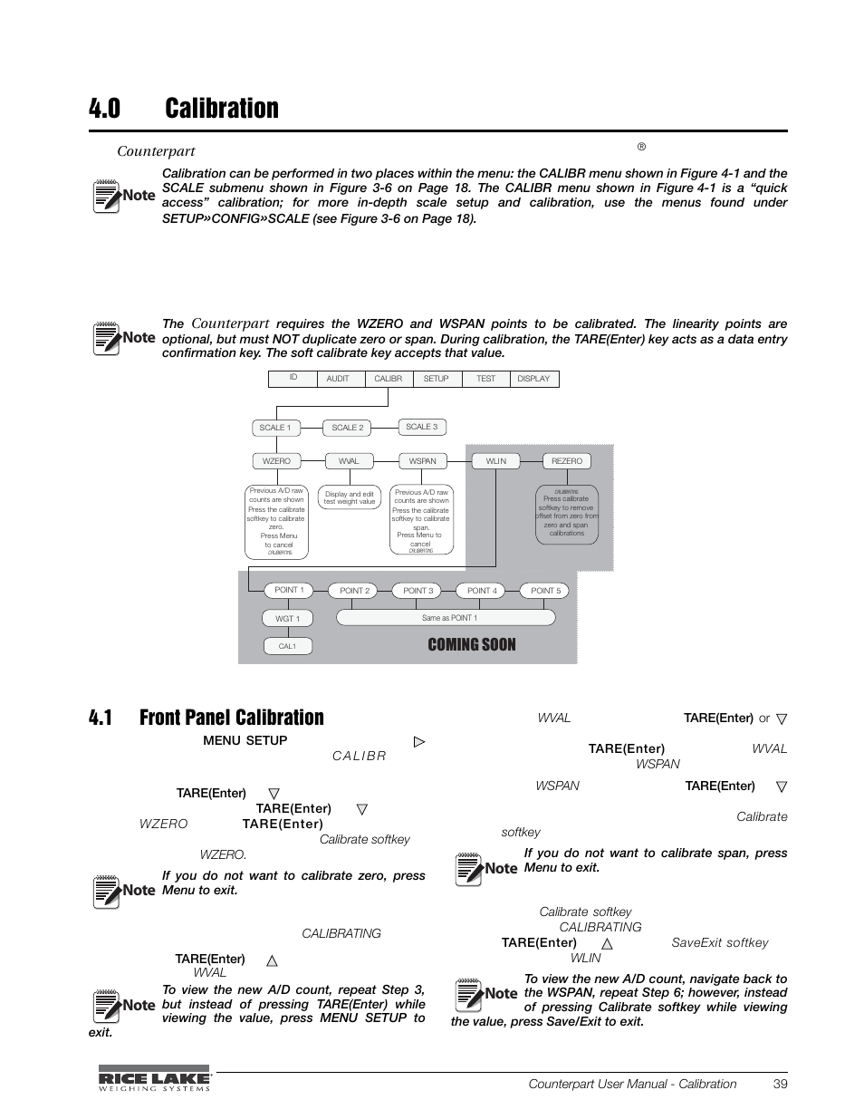 0 calibration, 1 front panel calibration, Calibration | Rice Lake Counterpart Configurable Counting Indicator - User Manual - Version 1.0 User Manual | Page 45 / 87