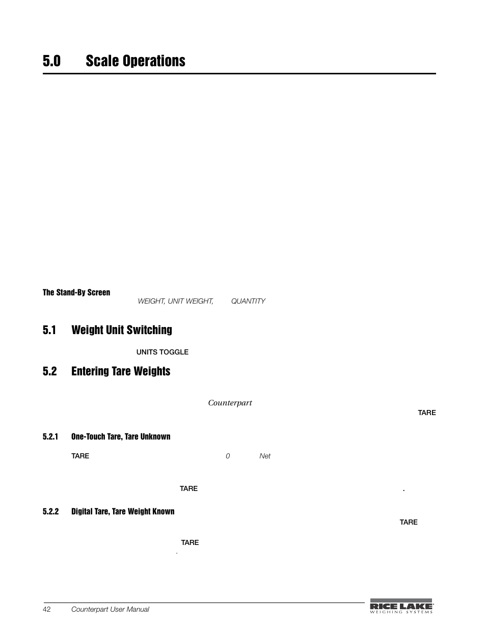 0 scale operations, 1 weight unit switching, 2 entering tare weights | 1 one-touch tare, tare unknown, 2 digital tare, tare weight known, Scale operations, 1 weight unit switching 5.2 entering tare weights, One-touch tare, tare unknown, Digital tare, tare weight known | Rice Lake Counterpart Configurable Counting Indicator - User Manual - Version 1.0 User Manual | Page 48 / 87