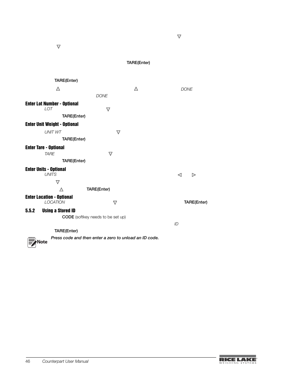 2 using a stored id, Using a stored id | Rice Lake Counterpart Configurable Counting Indicator - User Manual - Version 1.0 User Manual | Page 52 / 87