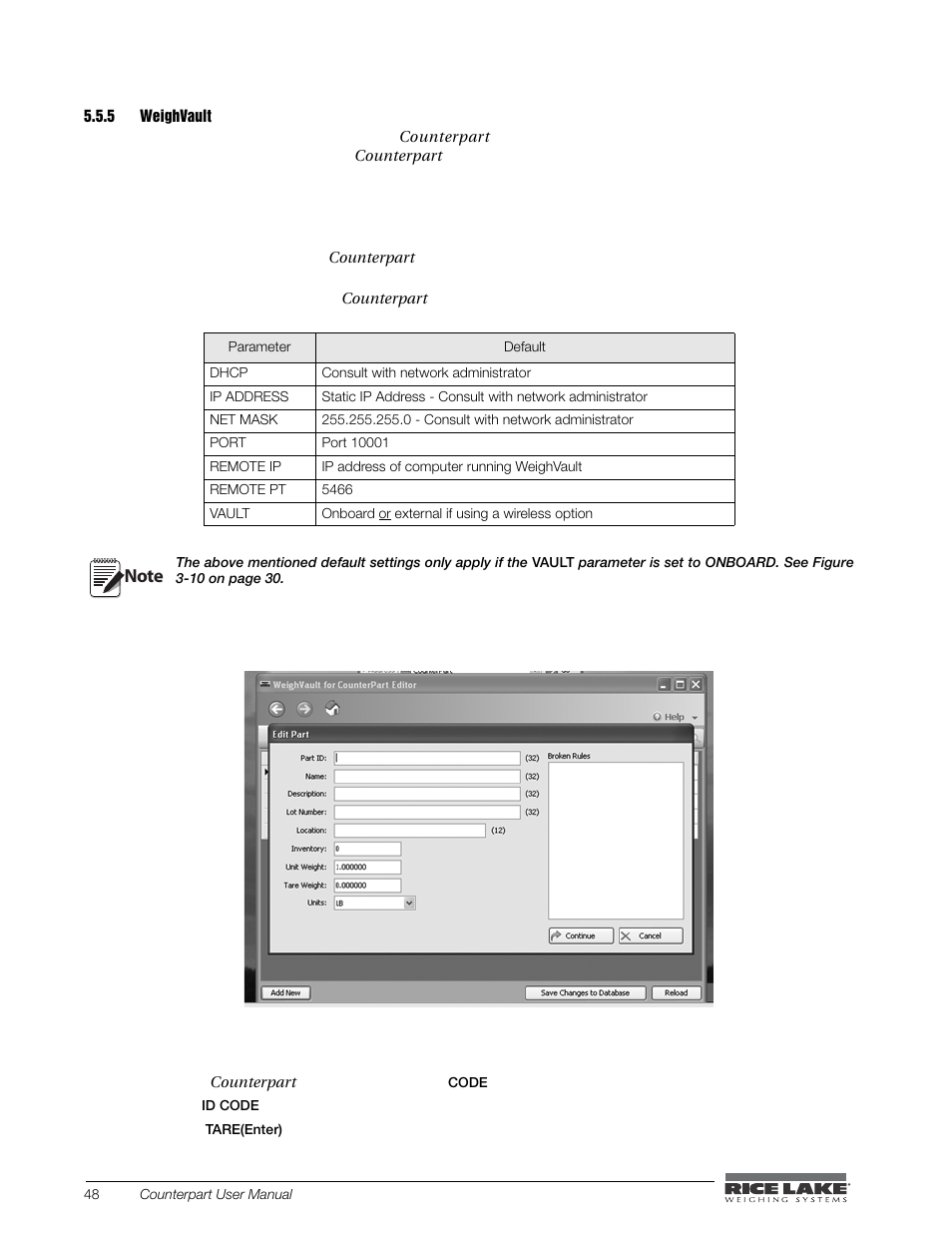 5 weighvault, Weighvault | Rice Lake Counterpart Configurable Counting Indicator - User Manual - Version 1.0 User Manual | Page 54 / 87