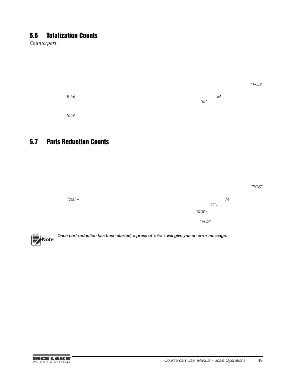 6 totalization counts, 7 parts reduction counts | Rice Lake Counterpart Configurable Counting Indicator - User Manual - Version 1.0 User Manual | Page 55 / 87