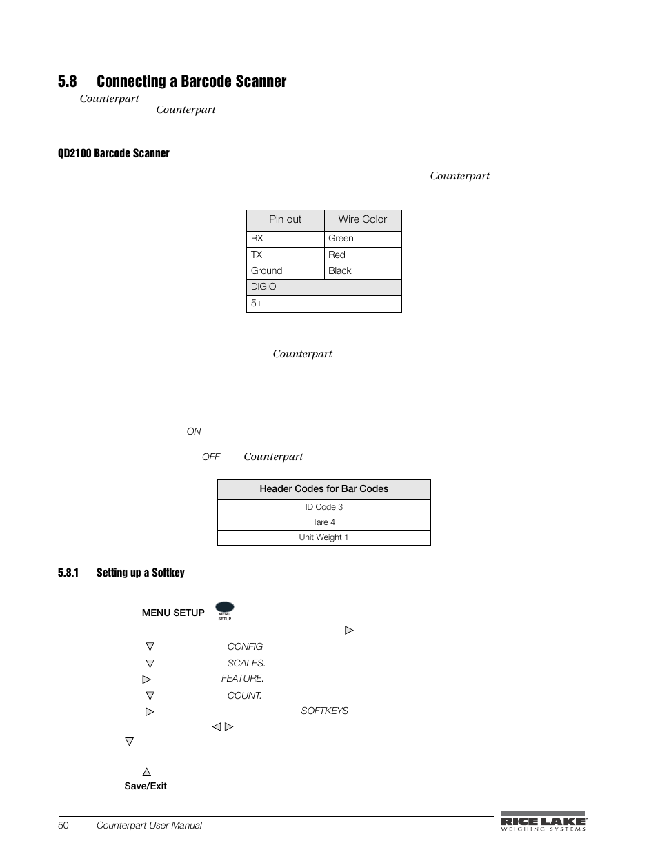 8 connecting a barcode scanner, 1 setting up a softkey, Setting up a softkey | Rice Lake Counterpart Configurable Counting Indicator - User Manual - Version 1.0 User Manual | Page 56 / 87