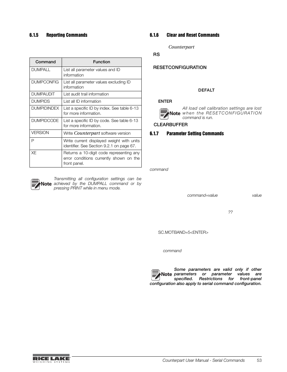 5 reporting commands, 6 clear and reset commands, 7 parameter setting commands | Reporting commands, Clear and reset commands, Parameter setting commands | Rice Lake Counterpart Configurable Counting Indicator - User Manual - Version 1.0 User Manual | Page 59 / 87