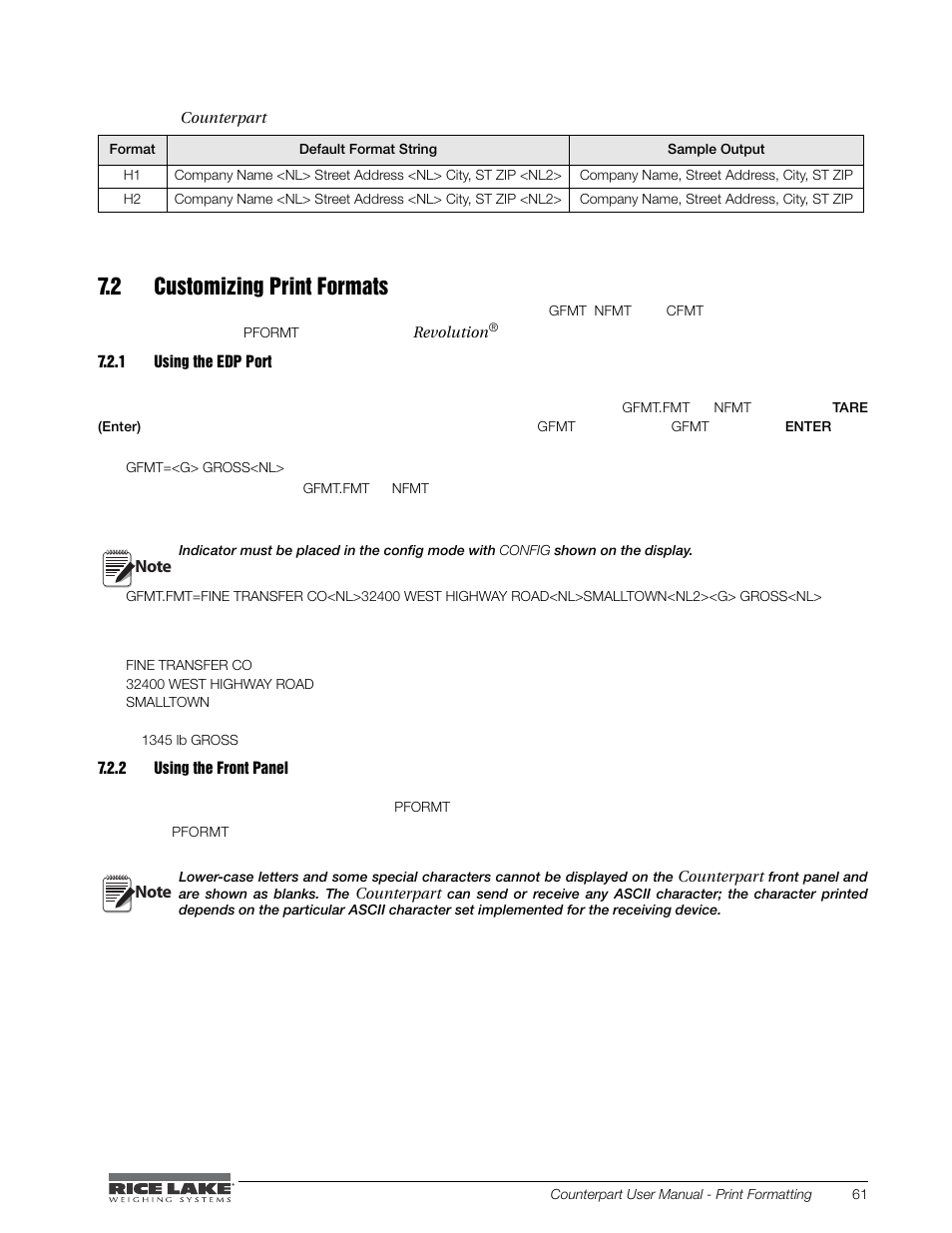 2 customizing print formats, 1 using the edp port, 2 using the front panel | Using the edp port, Using the front panel | Rice Lake Counterpart Configurable Counting Indicator - User Manual - Version 1.0 User Manual | Page 67 / 87