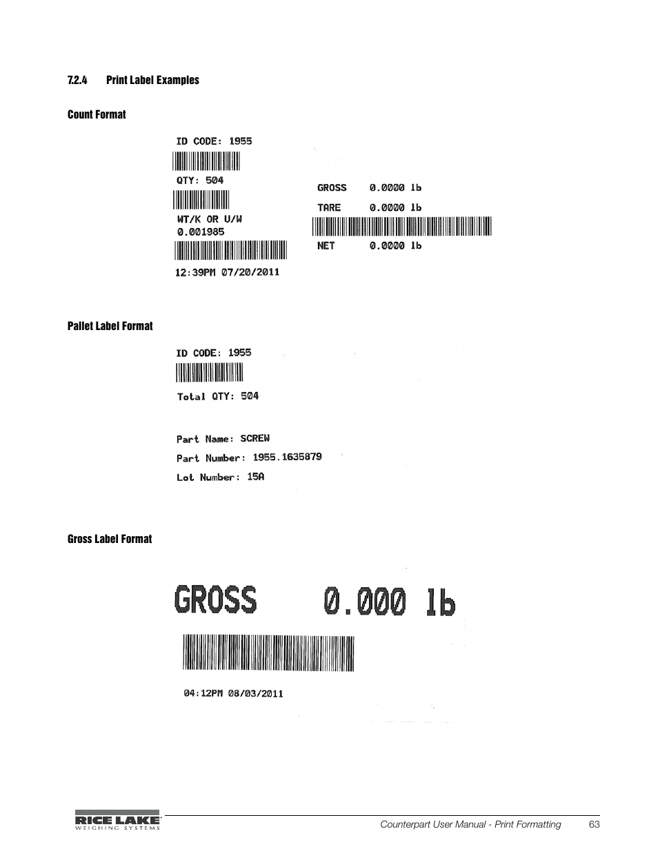 4 print label examples, Print label examples | Rice Lake Counterpart Configurable Counting Indicator - User Manual - Version 1.0 User Manual | Page 69 / 87