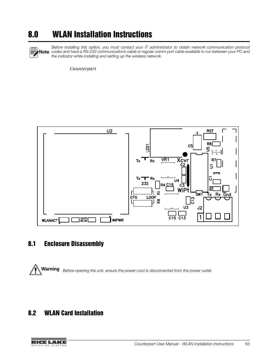 0 wlan installation instructions, 1 enclosure disassembly, 2 wlan card installation | Wlan installation instructions, 1 enclosure disassembly 8.2 wlan card installation | Rice Lake Counterpart Configurable Counting Indicator - User Manual - Version 1.0 User Manual | Page 71 / 87