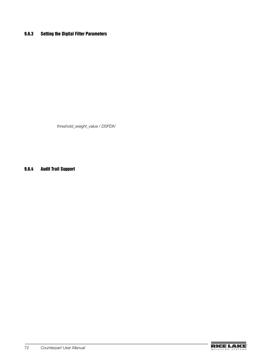 3 setting the digital filter parameters, 4 audit trail support, Setting the digital filter parameters | Audit trail support | Rice Lake Counterpart Configurable Counting Indicator - User Manual - Version 1.0 User Manual | Page 78 / 87