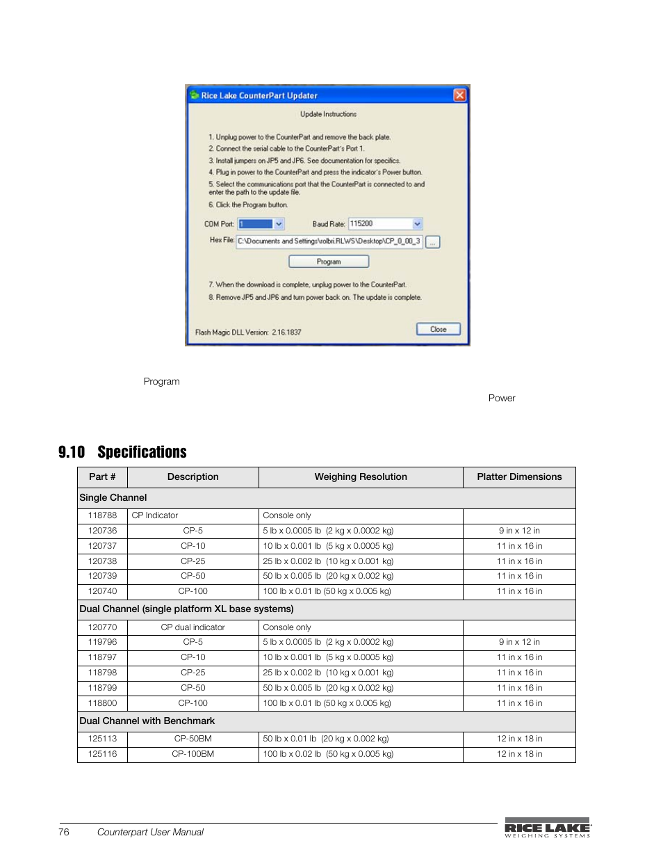 10 specifications, Click the, Button to power up the indicator | Rice Lake Counterpart Configurable Counting Indicator - User Manual - Version 1.0 User Manual | Page 82 / 87