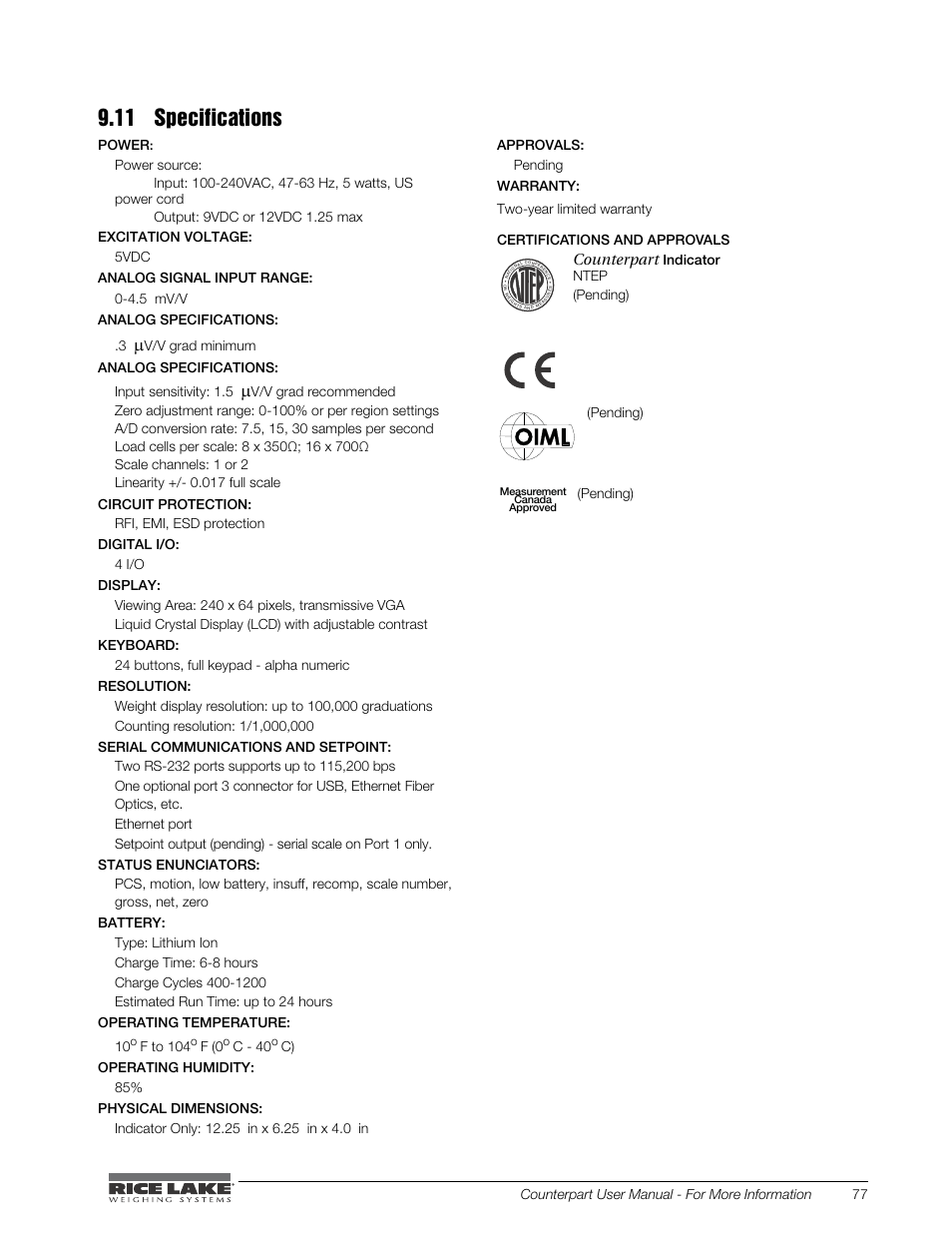 11 specifications, Counterpart | Rice Lake Counterpart Configurable Counting Indicator - User Manual - Version 1.0 User Manual | Page 83 / 87