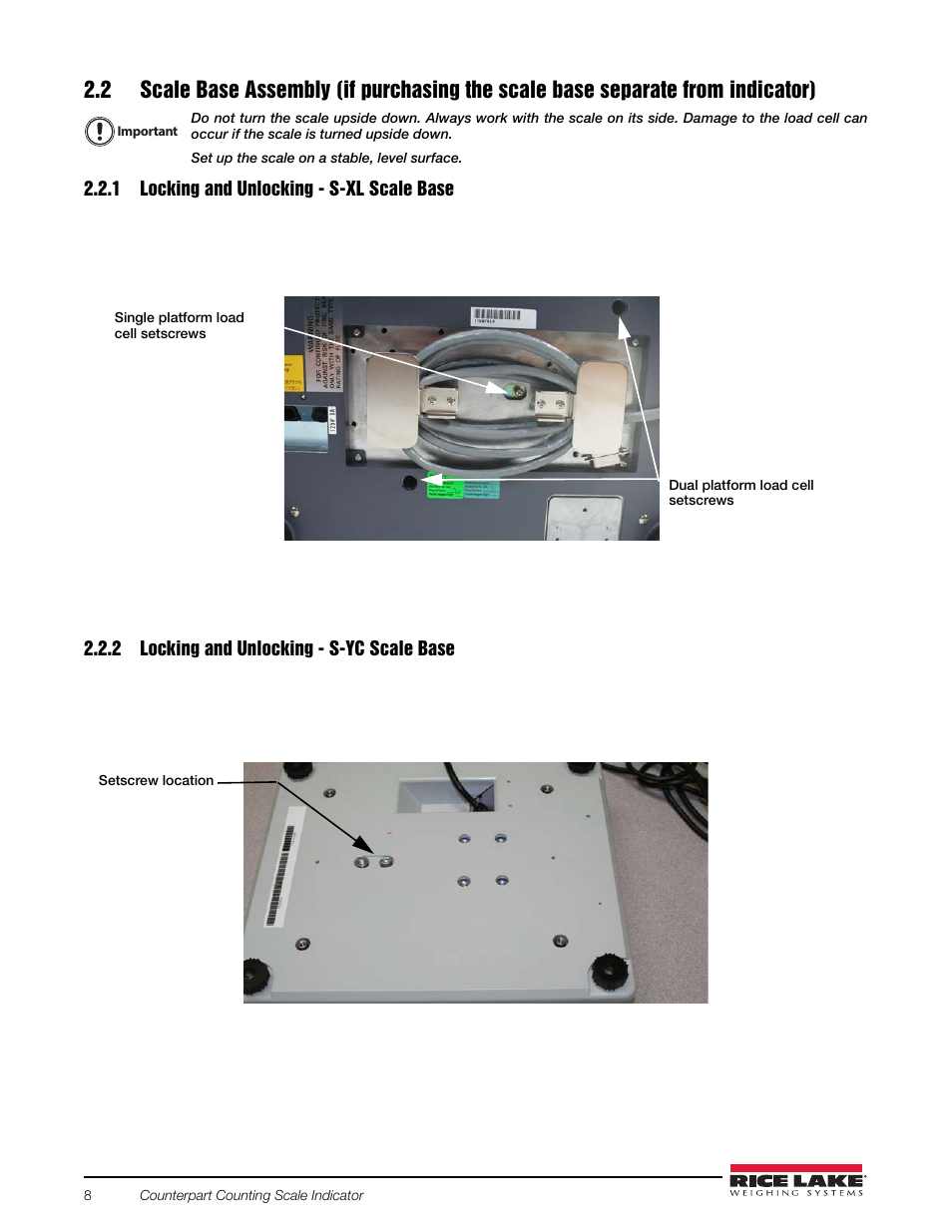 1 locking and unlocking - s-xl scale base, 2 locking and unlocking - s-yc scale base, Locking and unlocking - s-xl scale base | Locking and unlocking - s-yc scale base | Rice Lake Counterpart Configurable Counting Indicator - User Manual Rev. D - Version 2.4 User Manual | Page 14 / 112