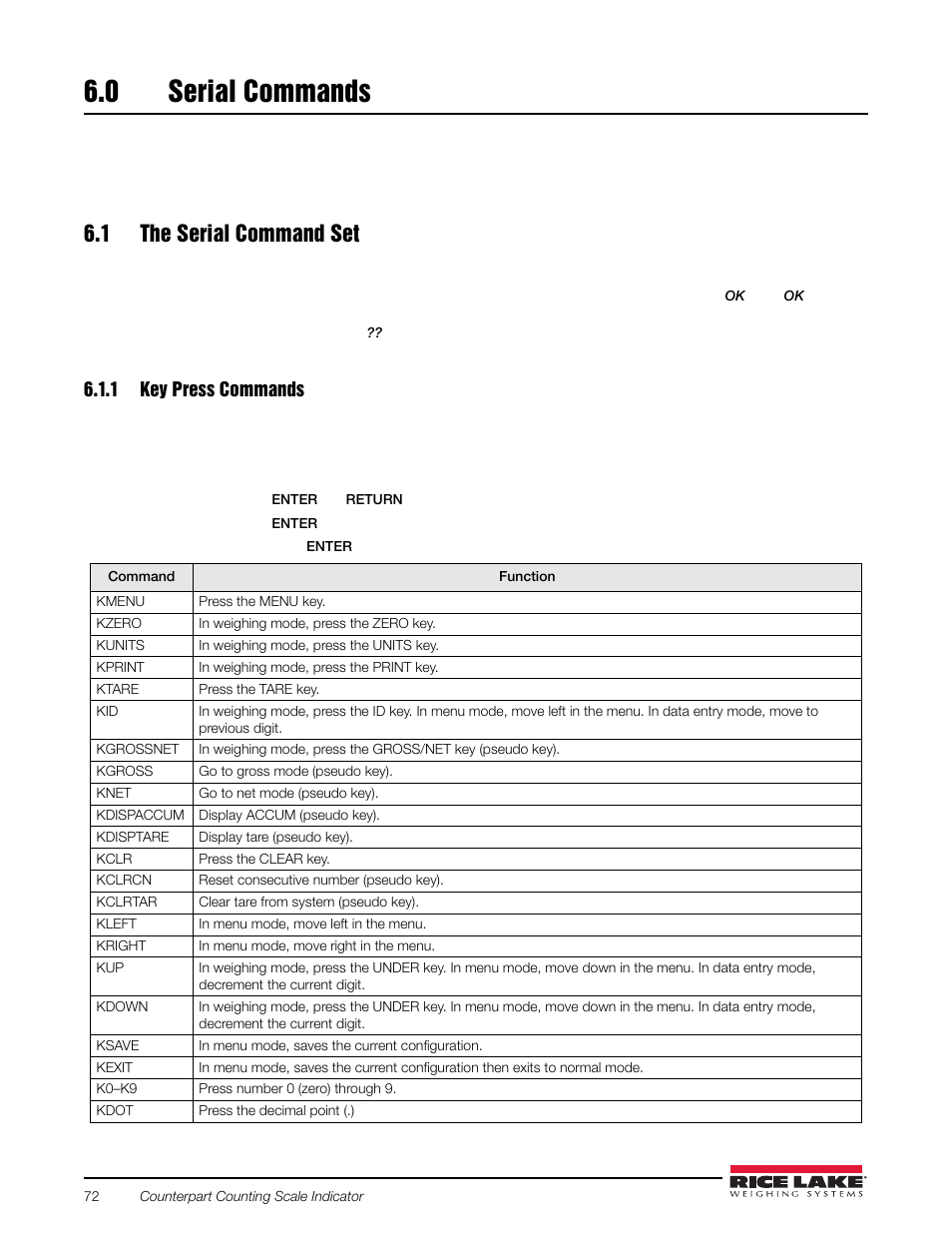 0 serial commands, 1 the serial command set, 1 key press commands | Serial commands, Key press commands | Rice Lake Counterpart Configurable Counting Indicator - User Manual Rev. D - Version 2.4 User Manual | Page 78 / 112