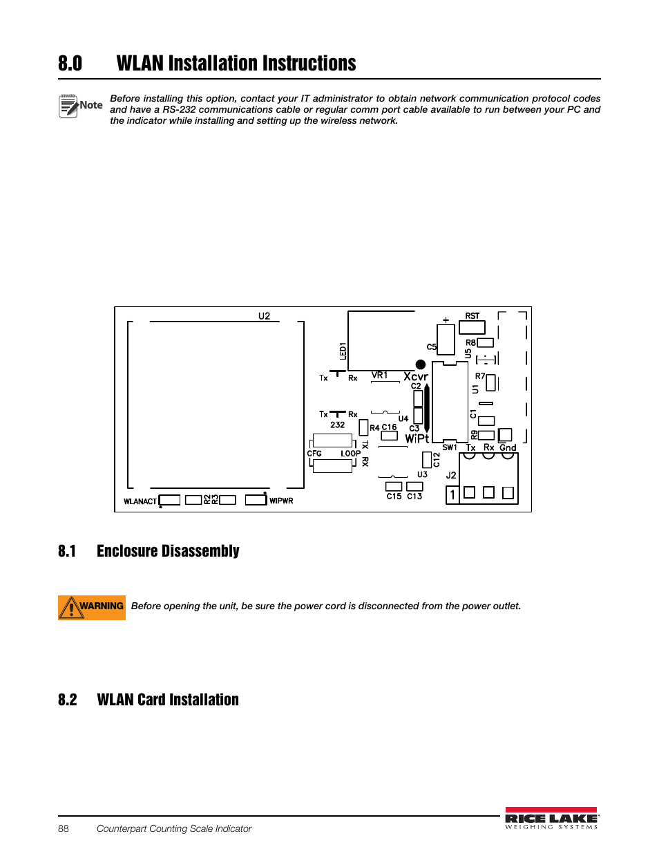 0 wlan installation instructions, 1 enclosure disassembly, 2 wlan card installation | Wlan installation instructions, 1 enclosure disassembly 8.2 wlan card installation | Rice Lake Counterpart Configurable Counting Indicator - User Manual Rev. D - Version 2.4 User Manual | Page 94 / 112