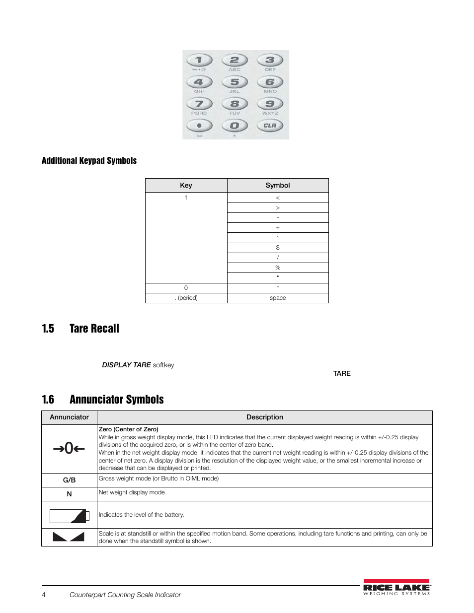 5 tare recall, 6 annunciator symbols, 5 tare recall 1.6 annunciator symbols | Rice Lake Counterpart Configurable Counting Indicator - User Manual Rev. E - Version 2.5 User Manual | Page 10 / 112
