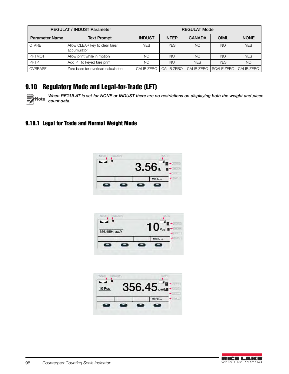 10 regulatory mode and legal-for-trade (lft), 1 legal for trade and normal weight mode, Legal for trade and normal weight mode | Rice Lake Counterpart Configurable Counting Indicator - User Manual Rev. E - Version 2.5 User Manual | Page 104 / 112