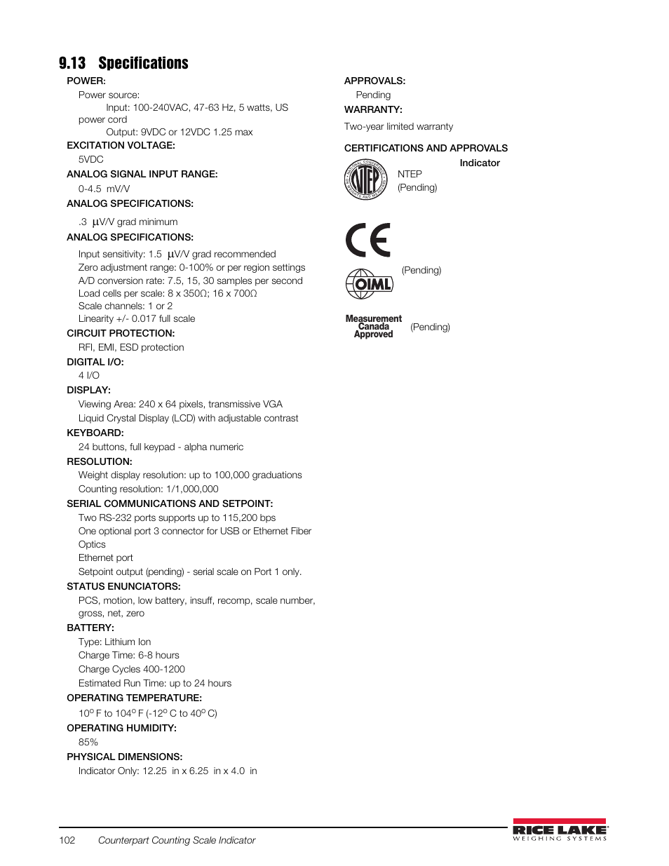 13 specifications, Counterpart | Rice Lake Counterpart Configurable Counting Indicator - User Manual Rev. E - Version 2.5 User Manual | Page 108 / 112