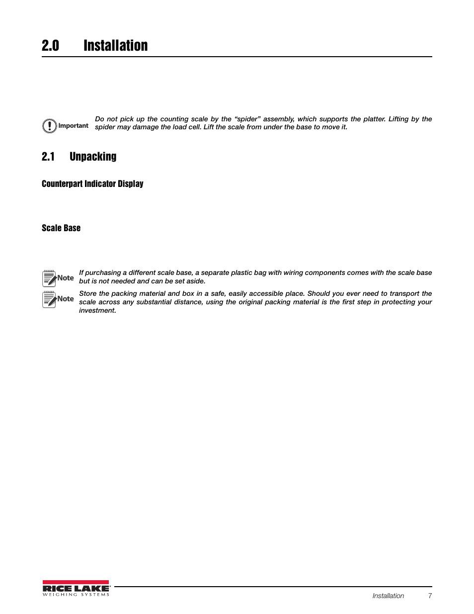 0 installation, 1 unpacking, Installation | Rice Lake Counterpart Configurable Counting Indicator - User Manual Rev. E - Version 2.5 User Manual | Page 13 / 112