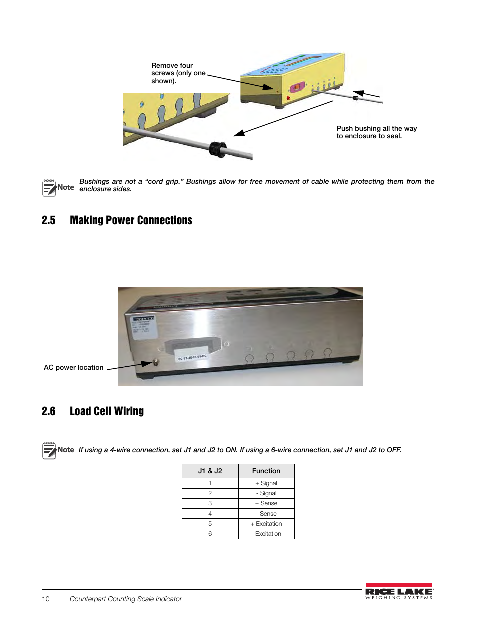 5 making power connections, 6 load cell wiring, 5 making power connections 2.6 load cell wiring | Rice Lake Counterpart Configurable Counting Indicator - User Manual Rev. E - Version 2.5 User Manual | Page 16 / 112