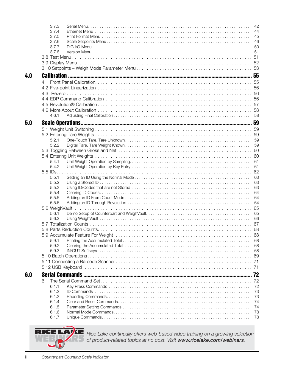 0 calibration, 0 scale operations, 0 serial commands | Rice Lake Counterpart Configurable Counting Indicator - User Manual Rev. E - Version 2.5 User Manual | Page 4 / 112
