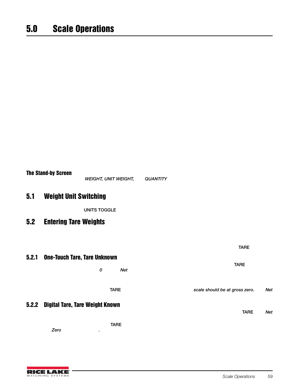0 scale operations, 1 weight unit switching, 2 entering tare weights | 1 one-touch tare, tare unknown, 2 digital tare, tare weight known, Scale operations, 1 weight unit switching 5.2 entering tare weights, One-touch tare, tare unknown, Digital tare, tare weight known | Rice Lake Counterpart Configurable Counting Indicator - User Manual Rev. E - Version 2.5 User Manual | Page 65 / 112