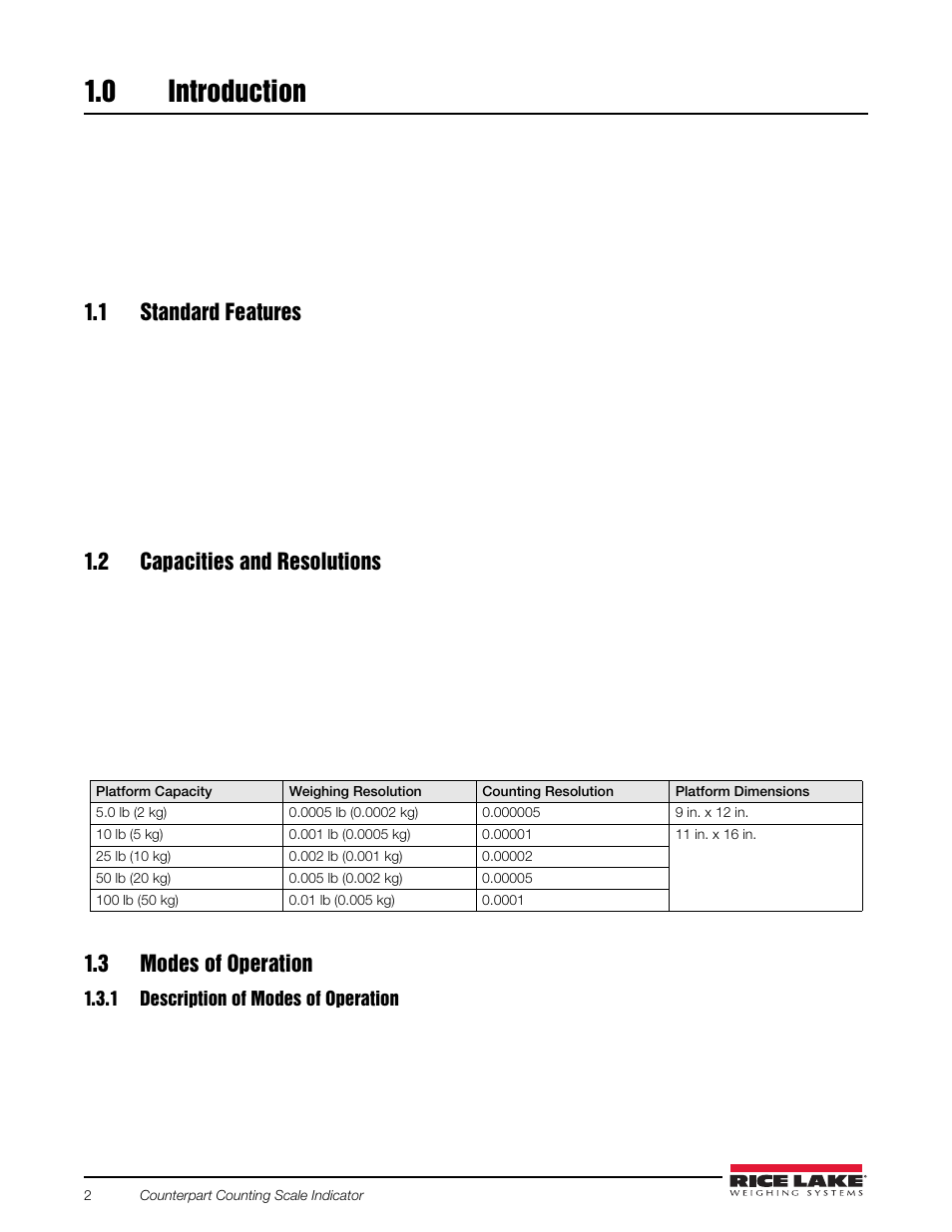 0 introduction, 1 standard features, 2 capacities and resolutions | 3 modes of operation, 1 description of modes of operation, Introduction, Description of modes of operation | Rice Lake Counterpart Configurable Counting Indicator - User Manual Rev. E - Version 2.5 User Manual | Page 8 / 112