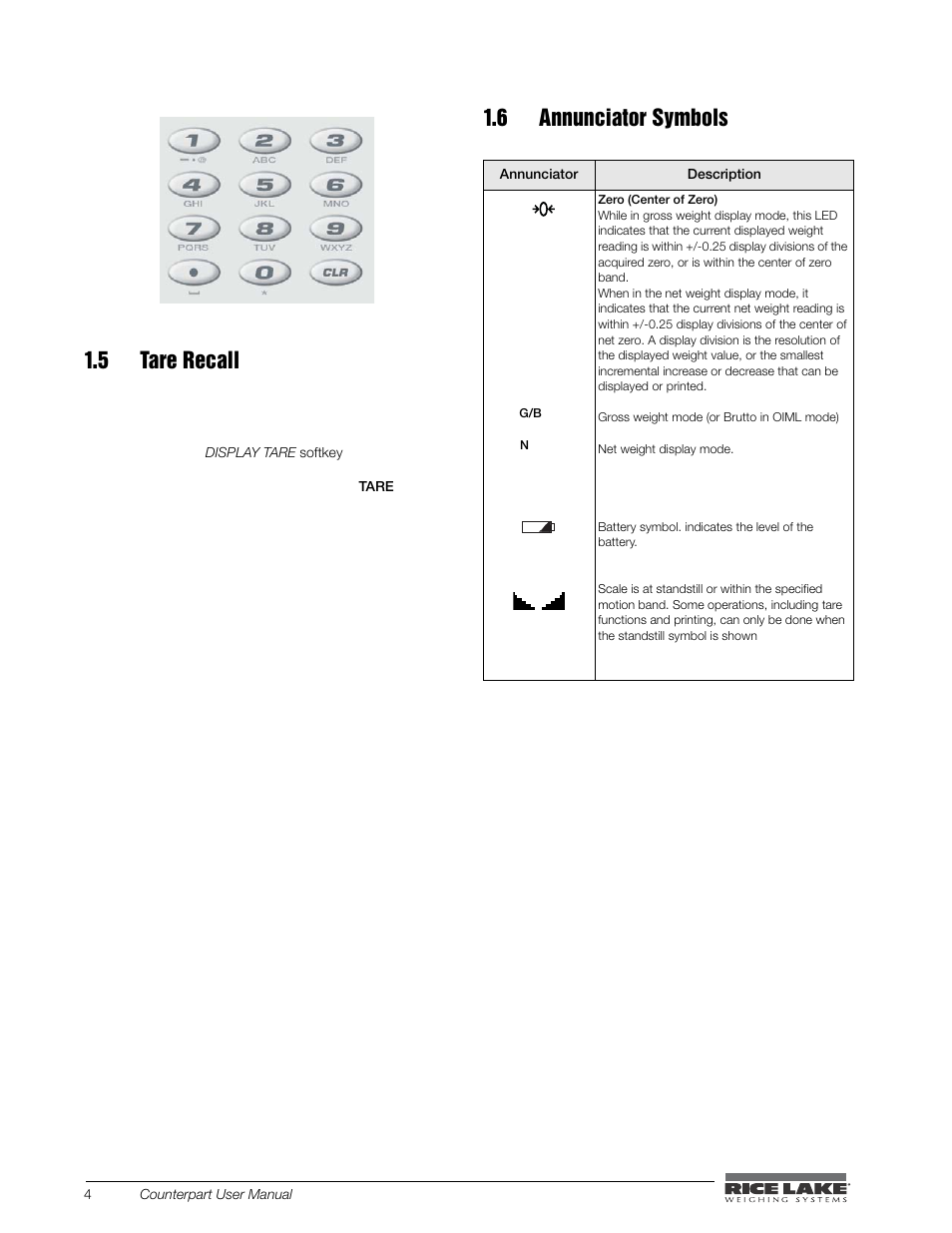 5 tare recall 1.6 annunciator symbols, 5 tare recall, 6 annunciator symbols | Rice Lake Counterpart Configurable Counting Indicator - User Manual - Version 2.0 User Manual | Page 10 / 98