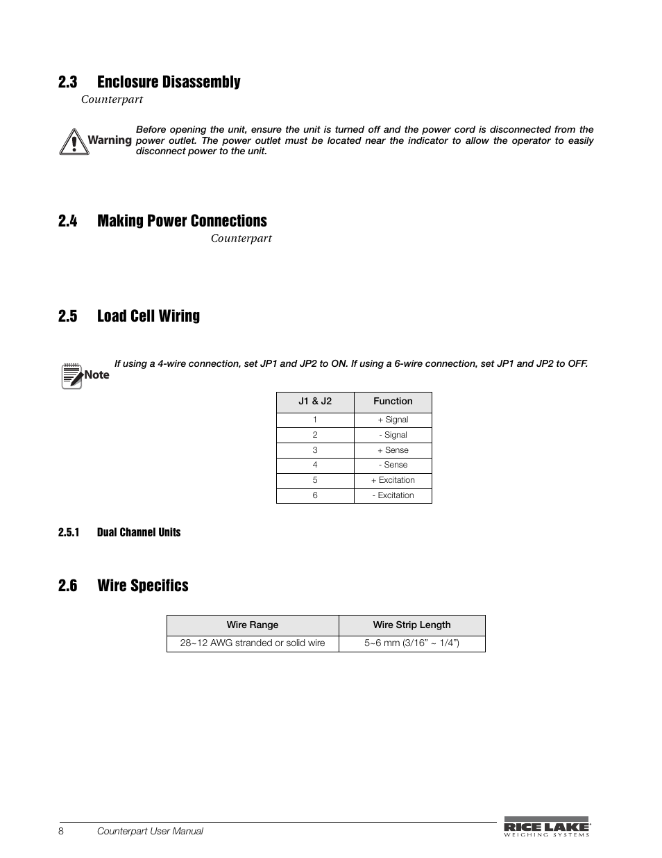 Dual channel units, 6 wire specifics, 3 enclosure disassembly | 4 making power connections, 5 load cell wiring | Rice Lake Counterpart Configurable Counting Indicator - User Manual - Version 2.0 User Manual | Page 14 / 98