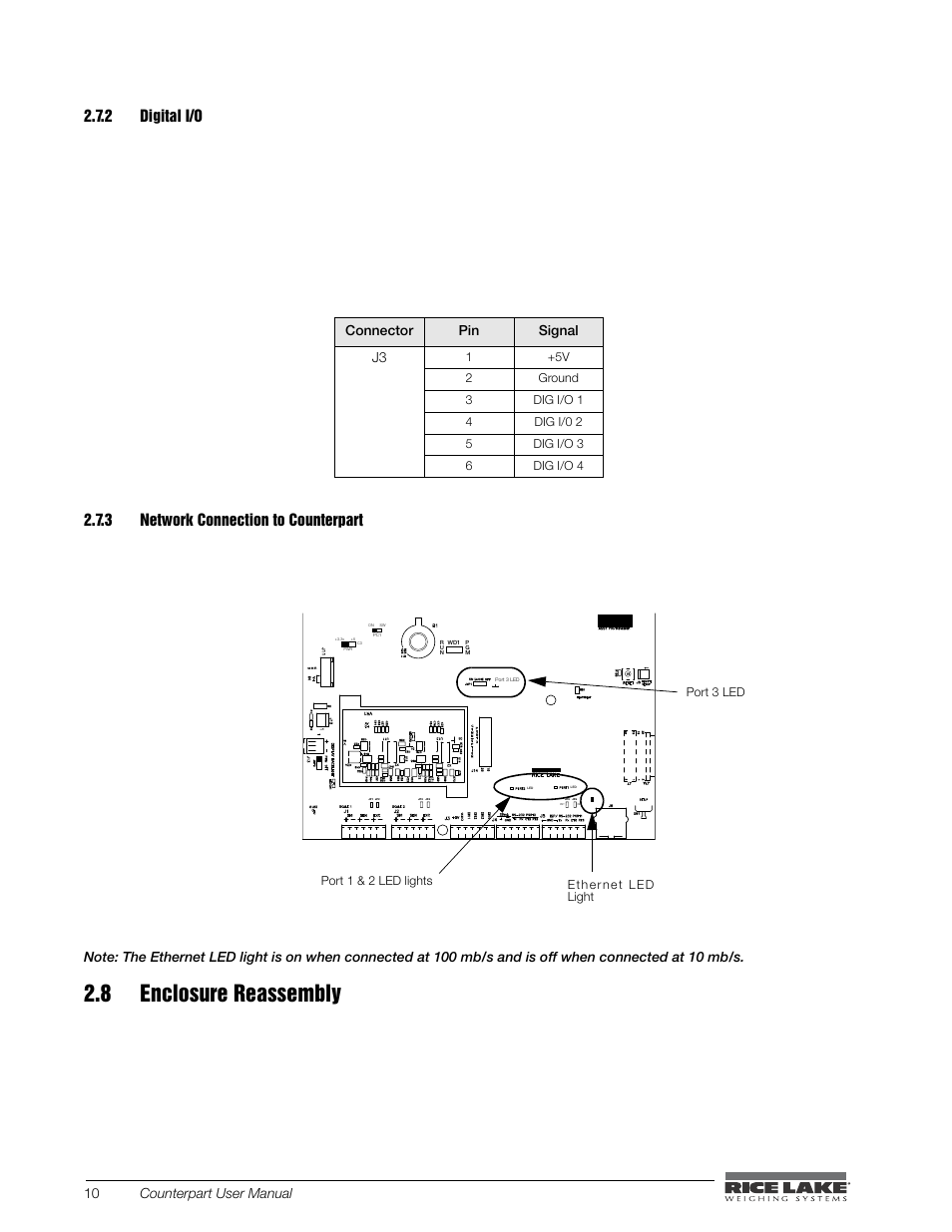 Digital i/o, Network connection to counterpart, 8 enclosure reassembly | 2 digital i/o, Figure 2-4. led light locations, 10 counterpart user manual, Connector pin signal j3 | Rice Lake Counterpart Configurable Counting Indicator - User Manual - Version 2.0 User Manual | Page 16 / 98