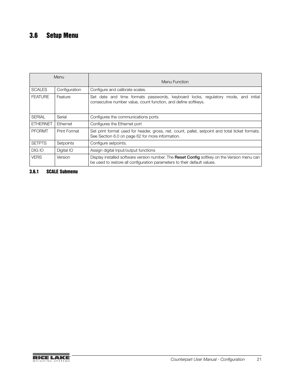 6 setup menu, Scale submenu | Rice Lake Counterpart Configurable Counting Indicator - User Manual - Version 2.0 User Manual | Page 27 / 98