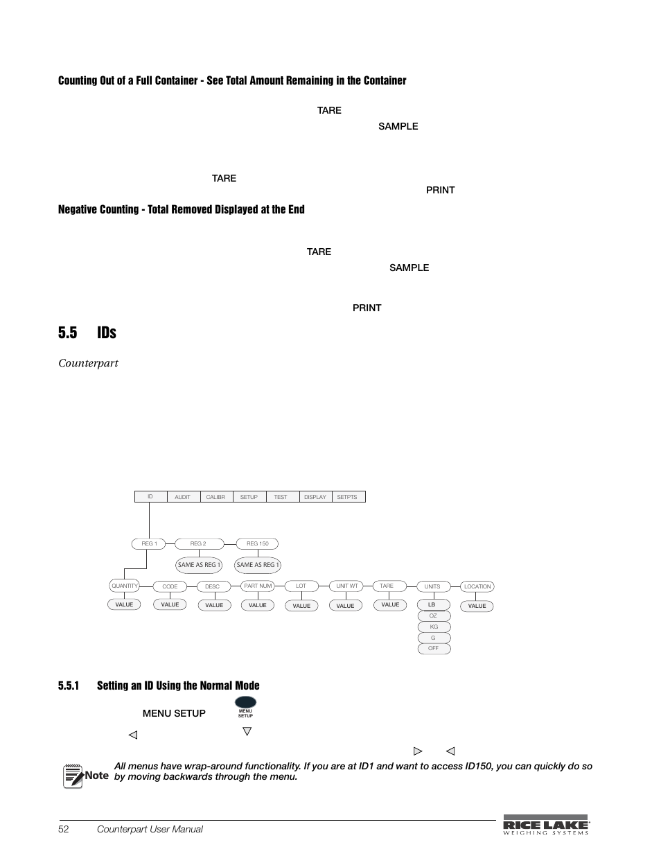 5 ids, Setting an id using the normal mode, Key after removing each batch of pieces | Press the | Rice Lake Counterpart Configurable Counting Indicator - User Manual - Version 2.0 User Manual | Page 60 / 98