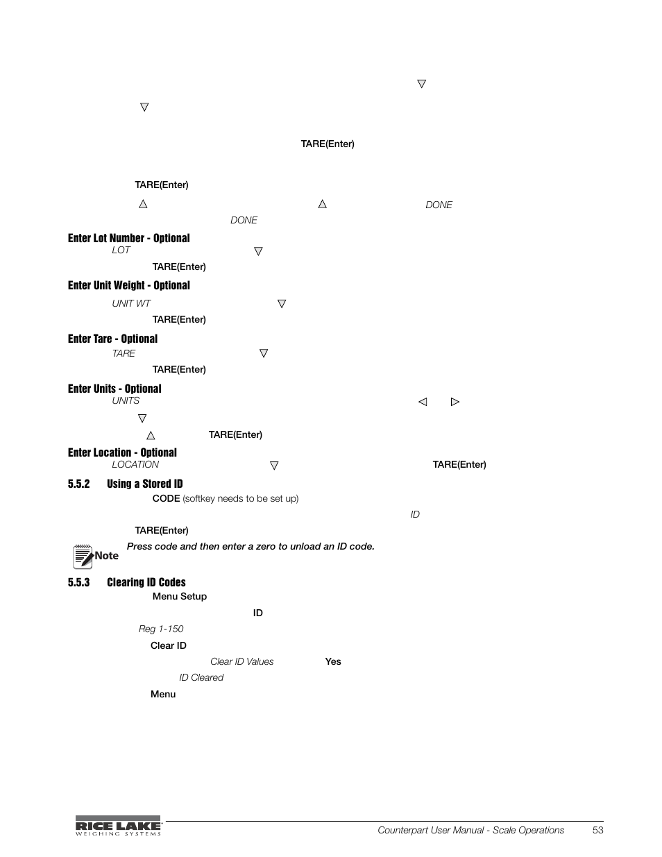 Using a stored id, Clearing id codes | Rice Lake Counterpart Configurable Counting Indicator - User Manual - Version 2.0 User Manual | Page 61 / 98