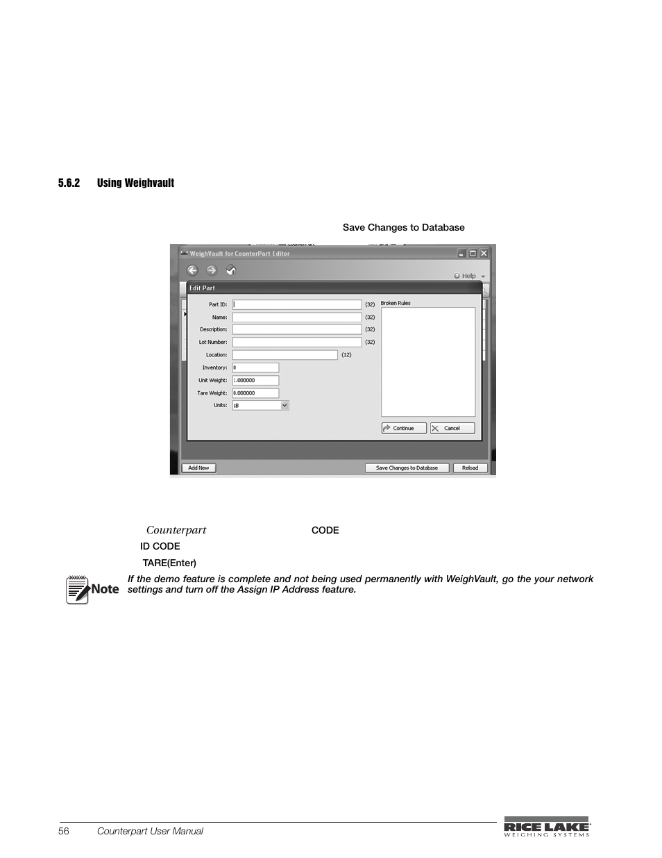 Using weighvault | Rice Lake Counterpart Configurable Counting Indicator - User Manual - Version 2.0 User Manual | Page 64 / 98