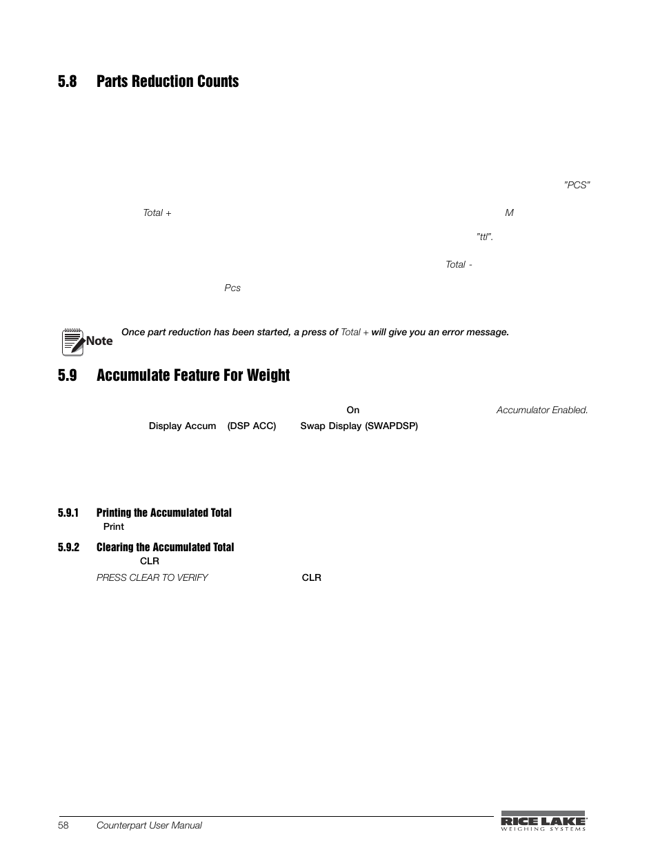 Printing the accumulated total, Clearing the accumulated total, 8 parts reduction counts | 9 accumulate feature for weight | Rice Lake Counterpart Configurable Counting Indicator - User Manual - Version 2.0 User Manual | Page 66 / 98