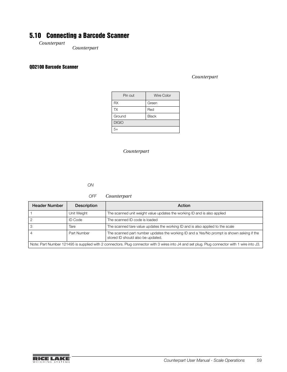 10 connecting a barcode scanner | Rice Lake Counterpart Configurable Counting Indicator - User Manual - Version 2.0 User Manual | Page 67 / 98