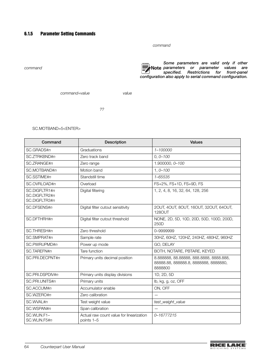 Parameter setting commands | Rice Lake Counterpart Configurable Counting Indicator - User Manual - Version 2.0 User Manual | Page 70 / 98