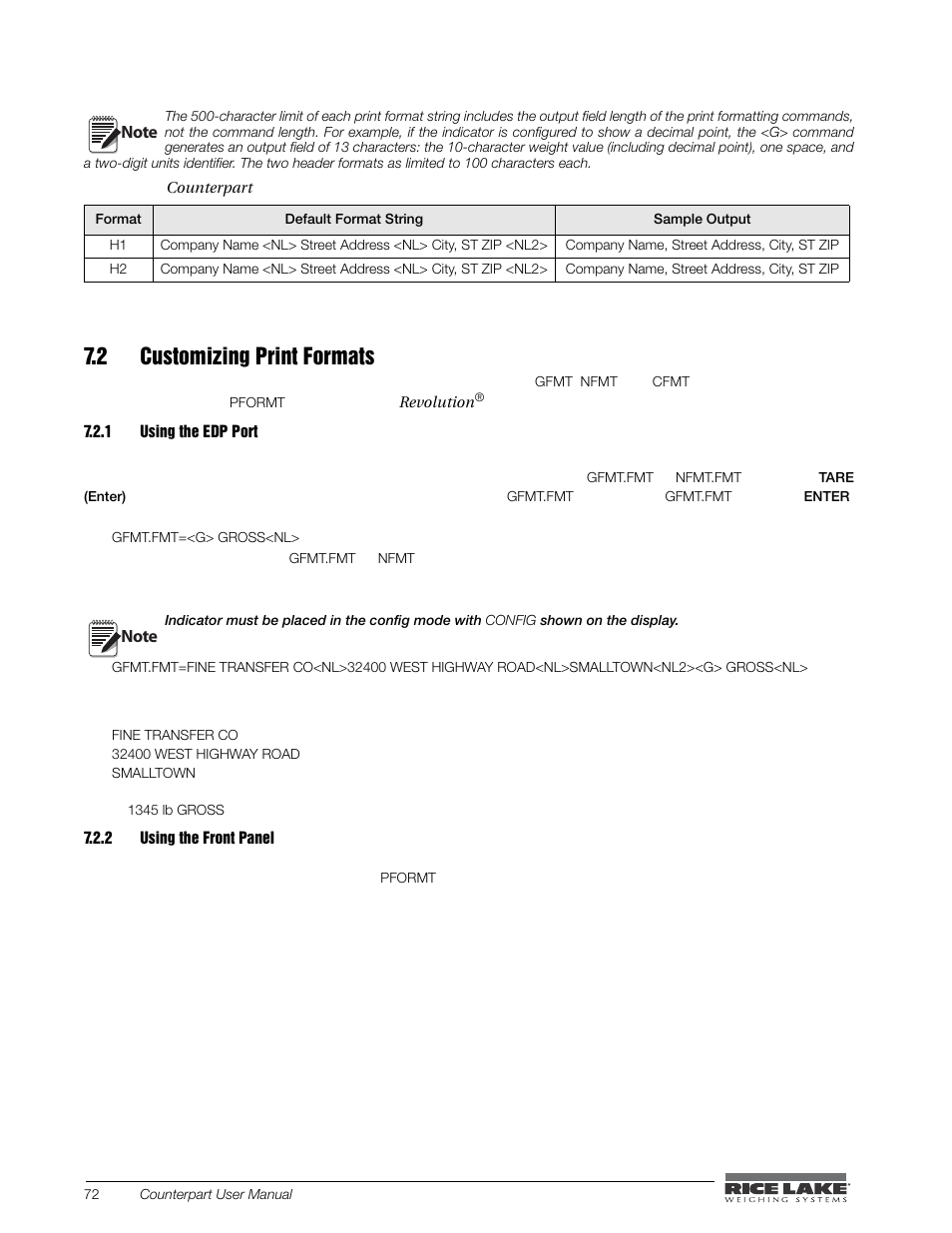 2 customizing print formats, Using the edp port, Using the front panel | Rice Lake Counterpart Configurable Counting Indicator - User Manual - Version 2.0 User Manual | Page 78 / 98