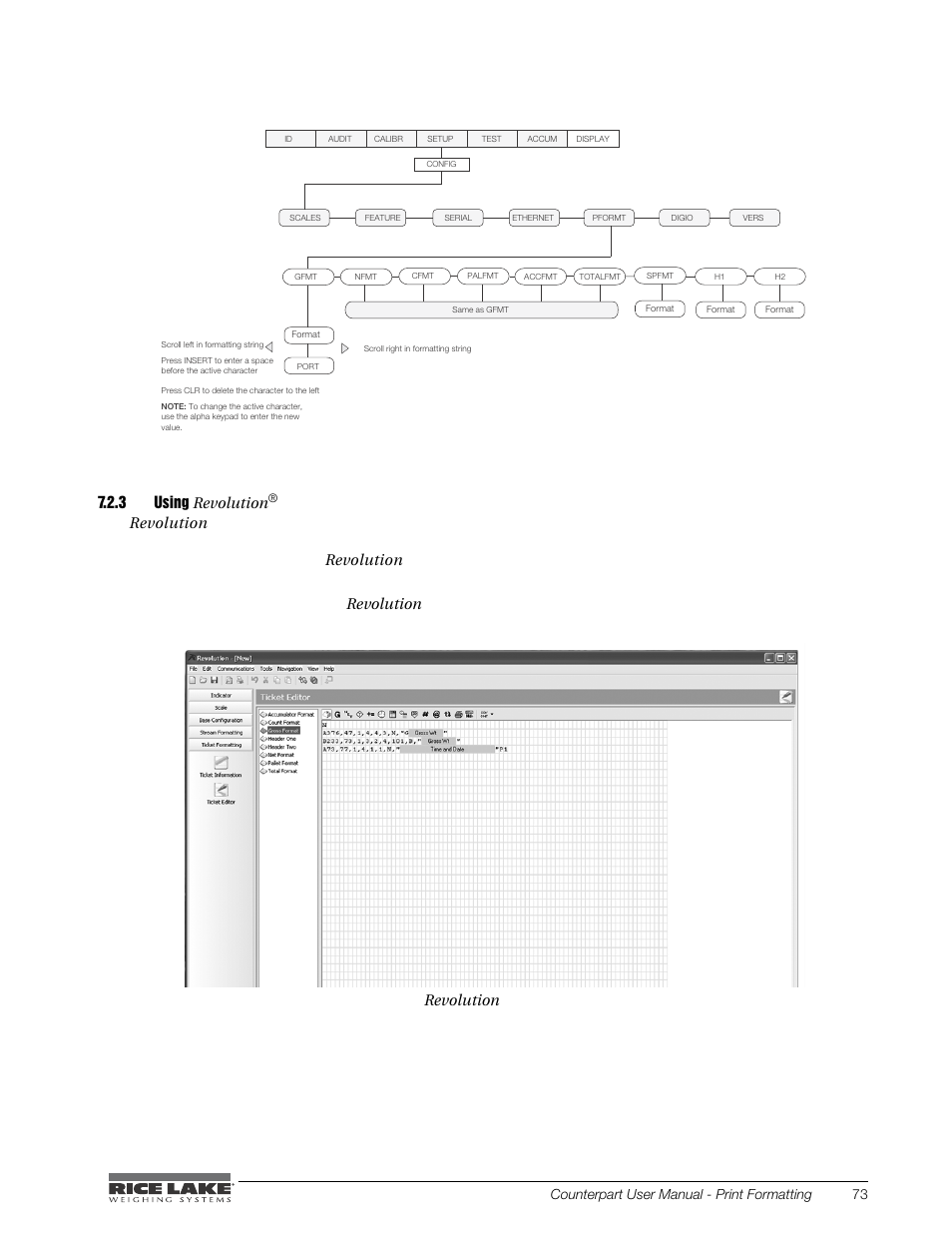 Using, Revol, Print formatting grid | Revolution, Figure 7-2. revolution print format grid, Counterpart user manual - print formatting 73 | Rice Lake Counterpart Configurable Counting Indicator - User Manual - Version 2.0 User Manual | Page 79 / 98