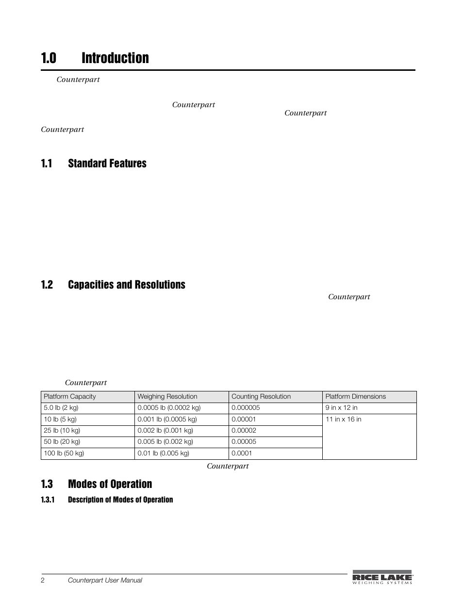 Introduction, Description of modes of operation, 0 introduction | 1 standard features, 2 capacities and resolutions, 3 modes of operation | Rice Lake Counterpart Configurable Counting Indicator - User Manual - Version 2.0 User Manual | Page 8 / 98