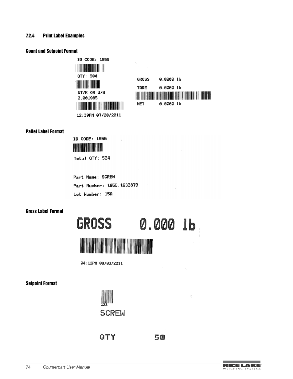 Print label examples | Rice Lake Counterpart Configurable Counting Indicator - User Manual - Version 2.0 User Manual | Page 80 / 98