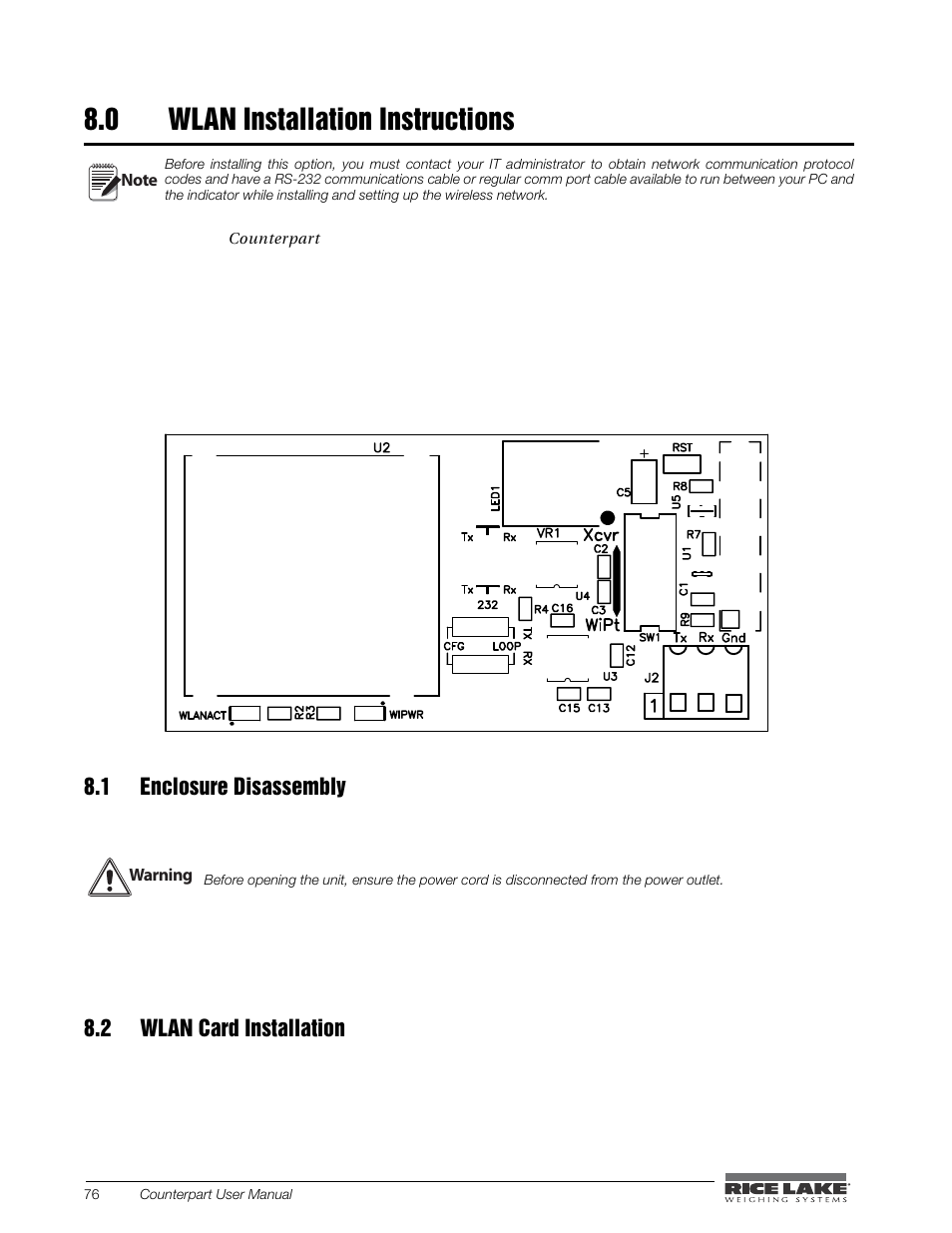 Wlan installation instructions, 1 enclosure disassembly 8.2 wlan card installation, 0 wlan installation instructions | Rice Lake Counterpart Configurable Counting Indicator - User Manual - Version 2.0 User Manual | Page 82 / 98